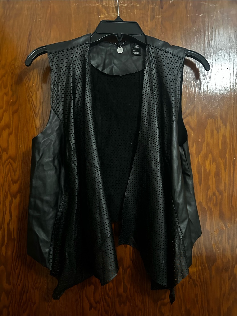 BKE Black Perforated Faux-Leather Open Draped Vest